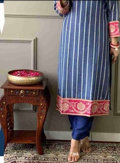 Royal Blue Shimmer 3-Piece Kurta Set with Pink and Gold Embroidered Cuffs & Printed Dupatta