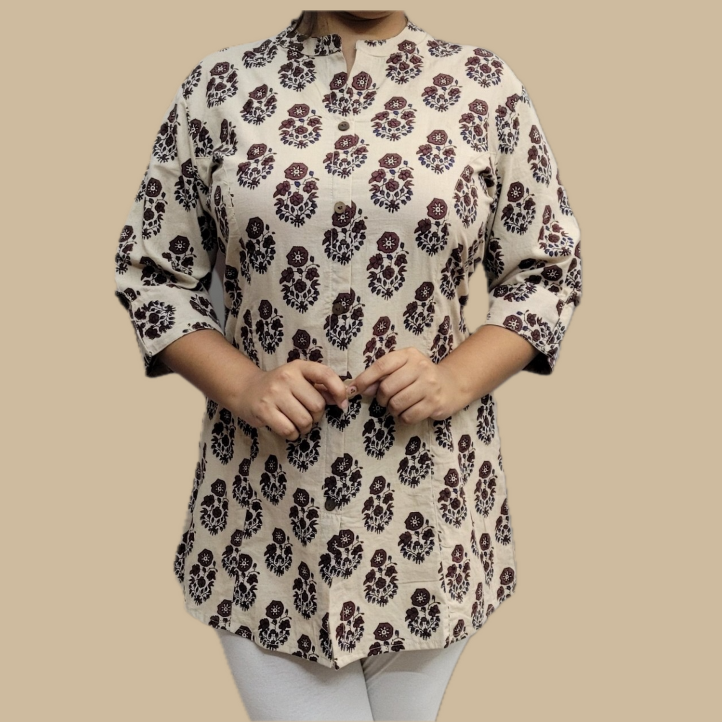Cotton Floral Tunic in Beige