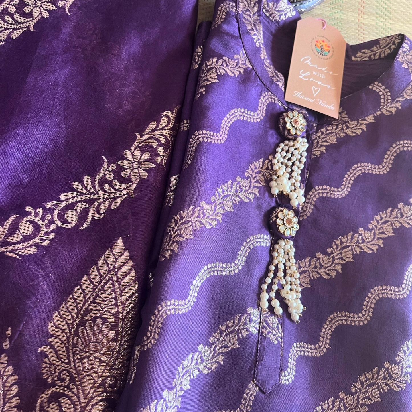 Cotton Silk Blend 3-Piece Suit in Purple with Gold Tone Weave