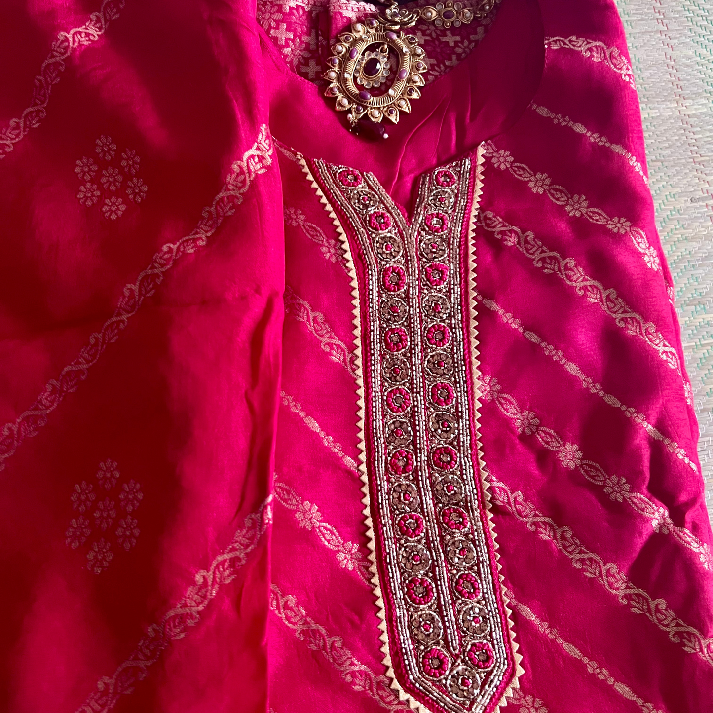 Festive Red Silk Blend 3-Piece Suit with Gold Thread Weave and Brocade Border Dupatta