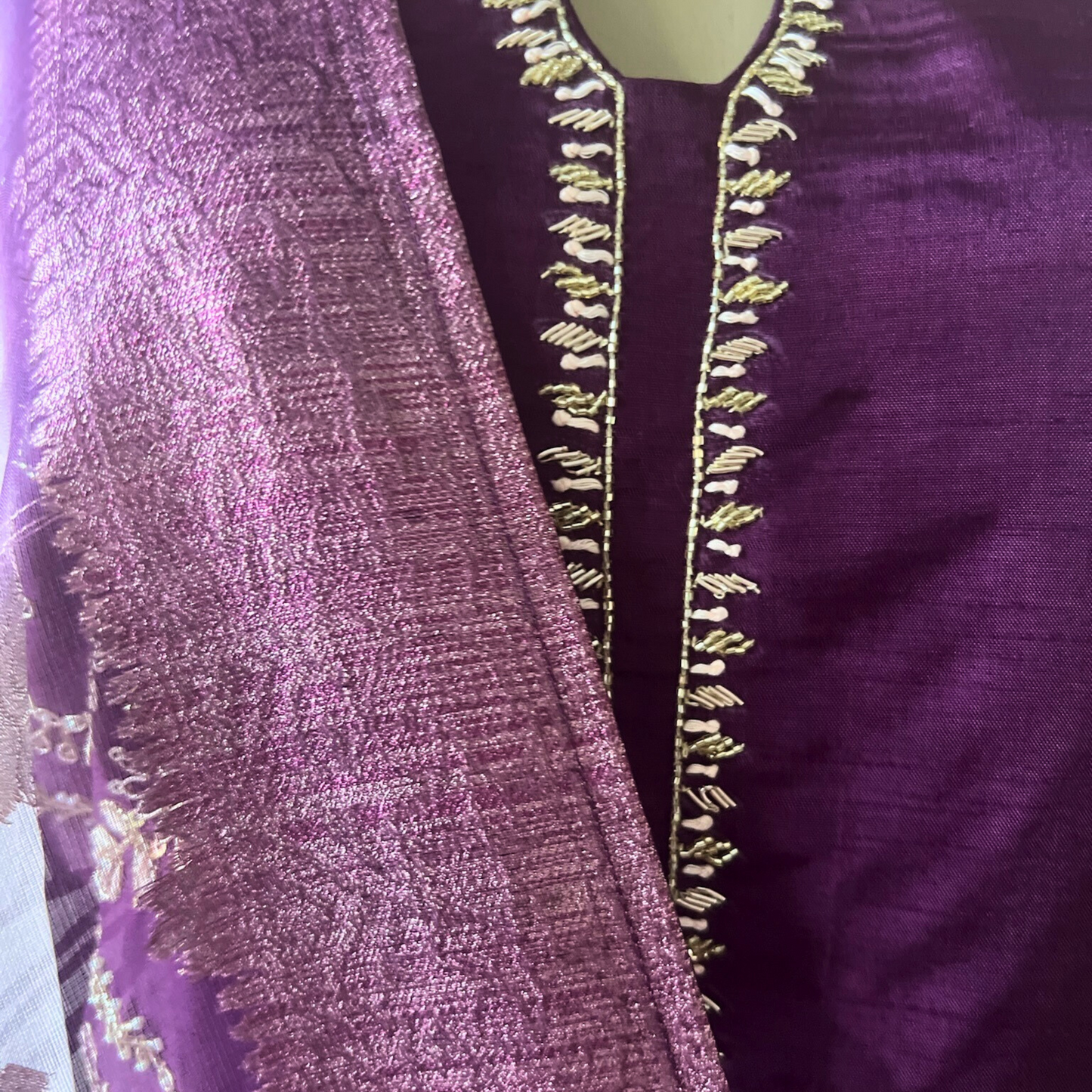 Silk Blend 3-Piece Suit in Purple with Gold Tone Embroidery and Floral Tissue Dupatta