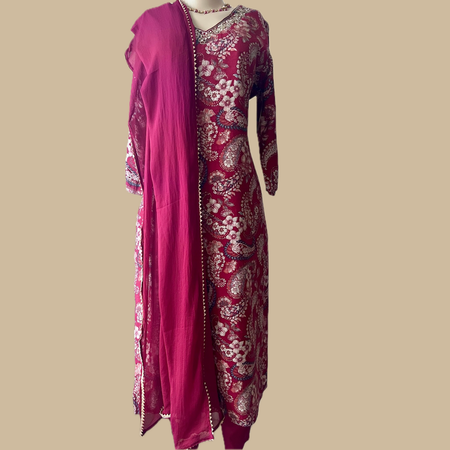 Cotton Crepe Blend 3-Piece Suit in Maroon with Gotta Kinnari Dupatta