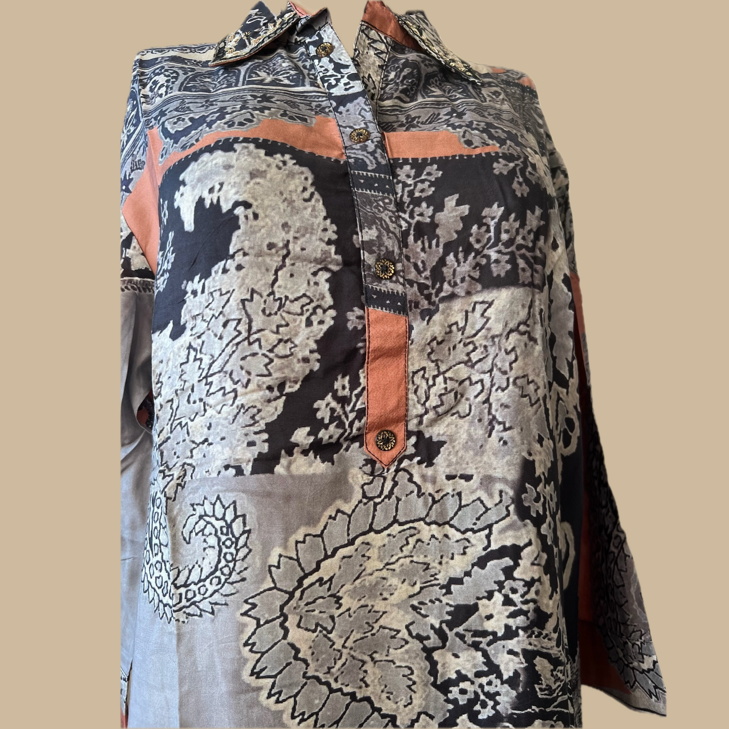 Digital Printed Black Collared Coord Set in Rayon Maslin