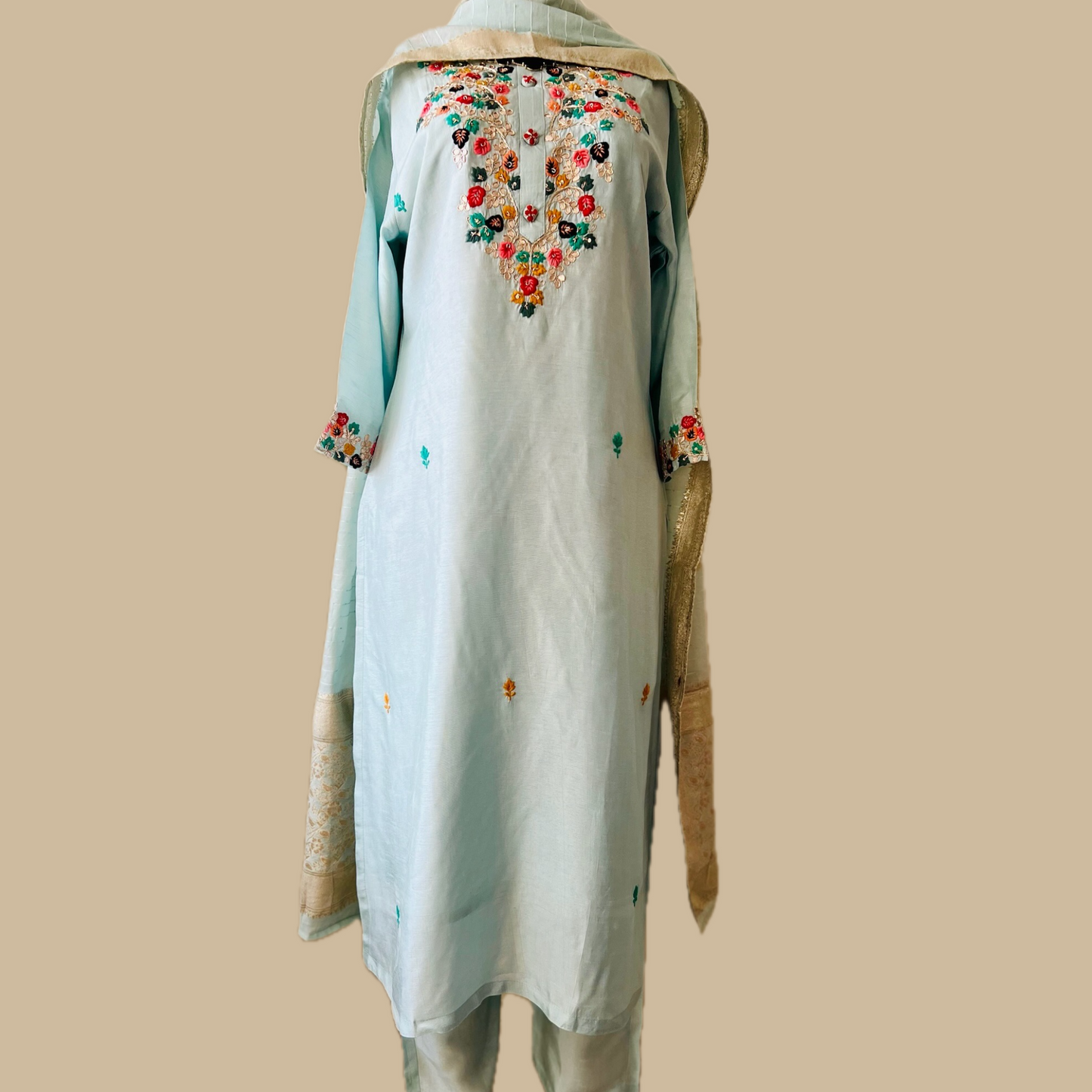 Elegant Silk Blend 3-Piece Suit in Ice Blue with Brocade Dupatta