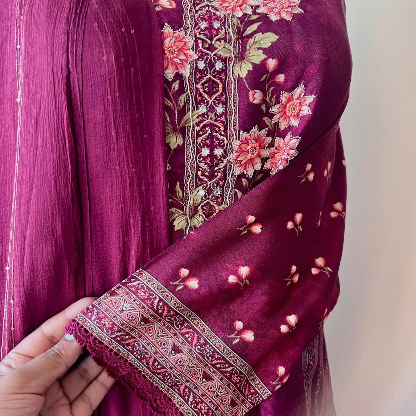Silk Blend Digitally Printed Maroon 3-Piece Maroon Sharara Set with Crochet Lace on Shirt and Ethnic Printed Motifs on Sharara