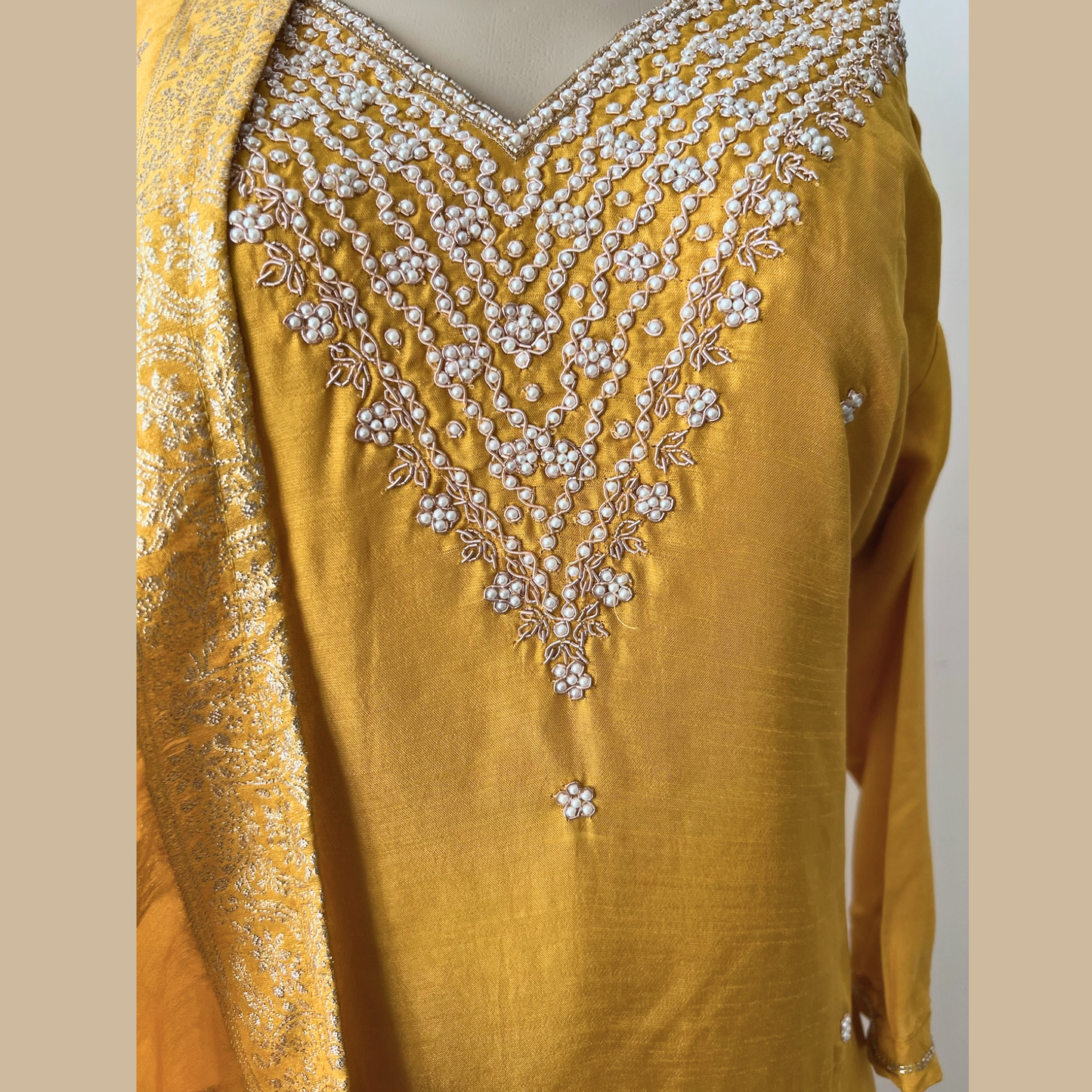 Chinon Silk Dabka Work 3 Piece Suit in Yellow