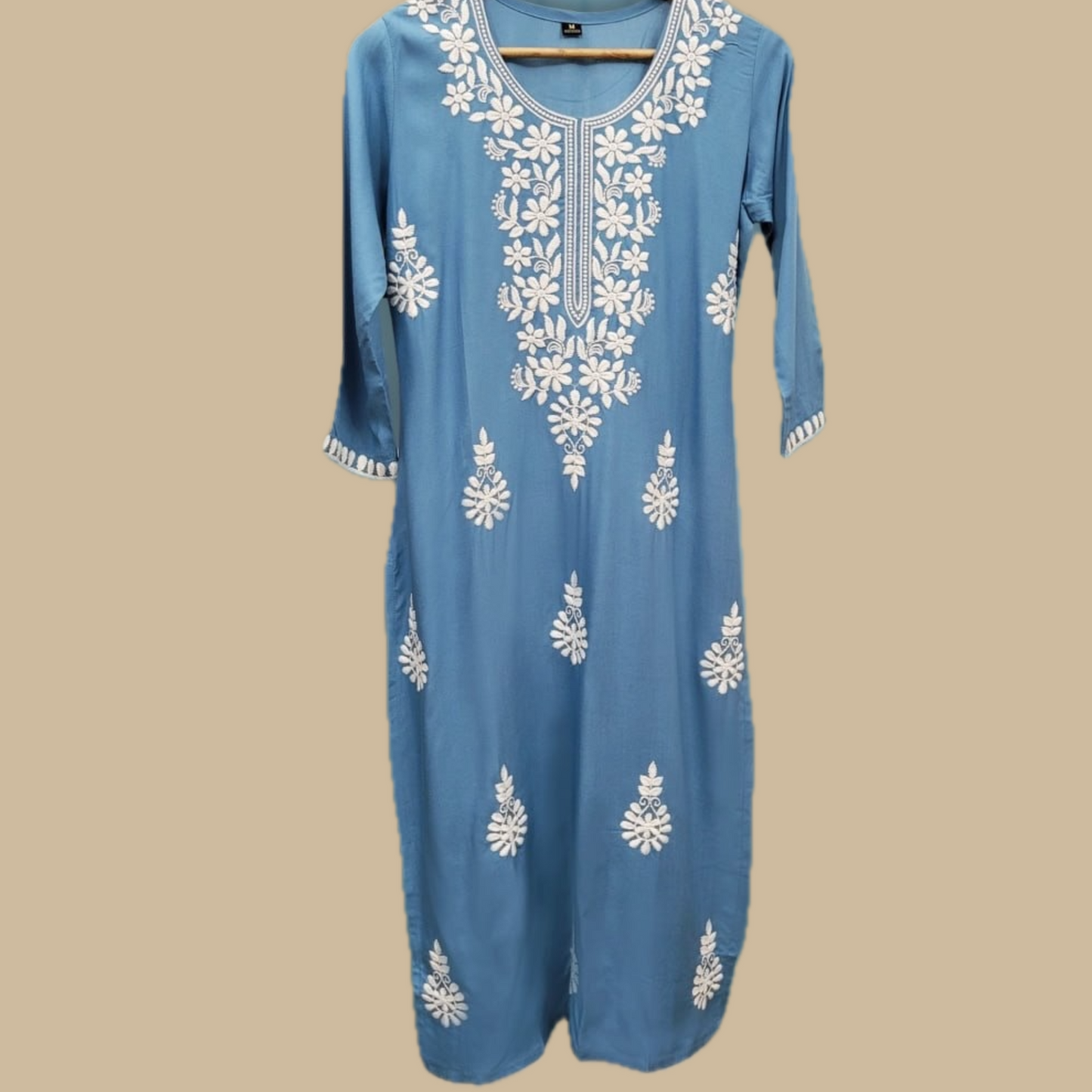 Premium Rayon Chikankari Kurti in blue with Contrast Hand Thread Embroidery