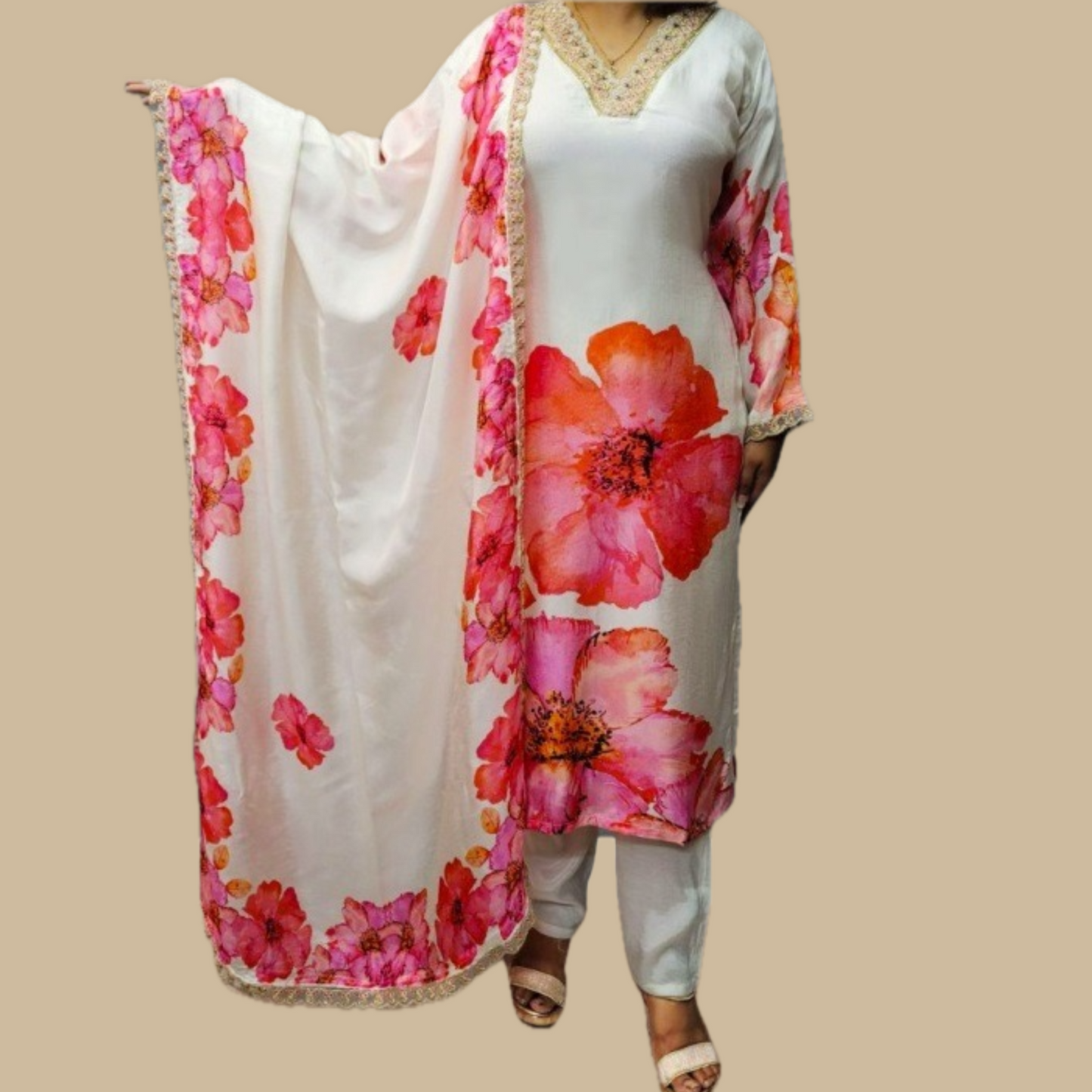 Russian Silk 3-Piece Party Wear in Cream with Intricate Lace Work