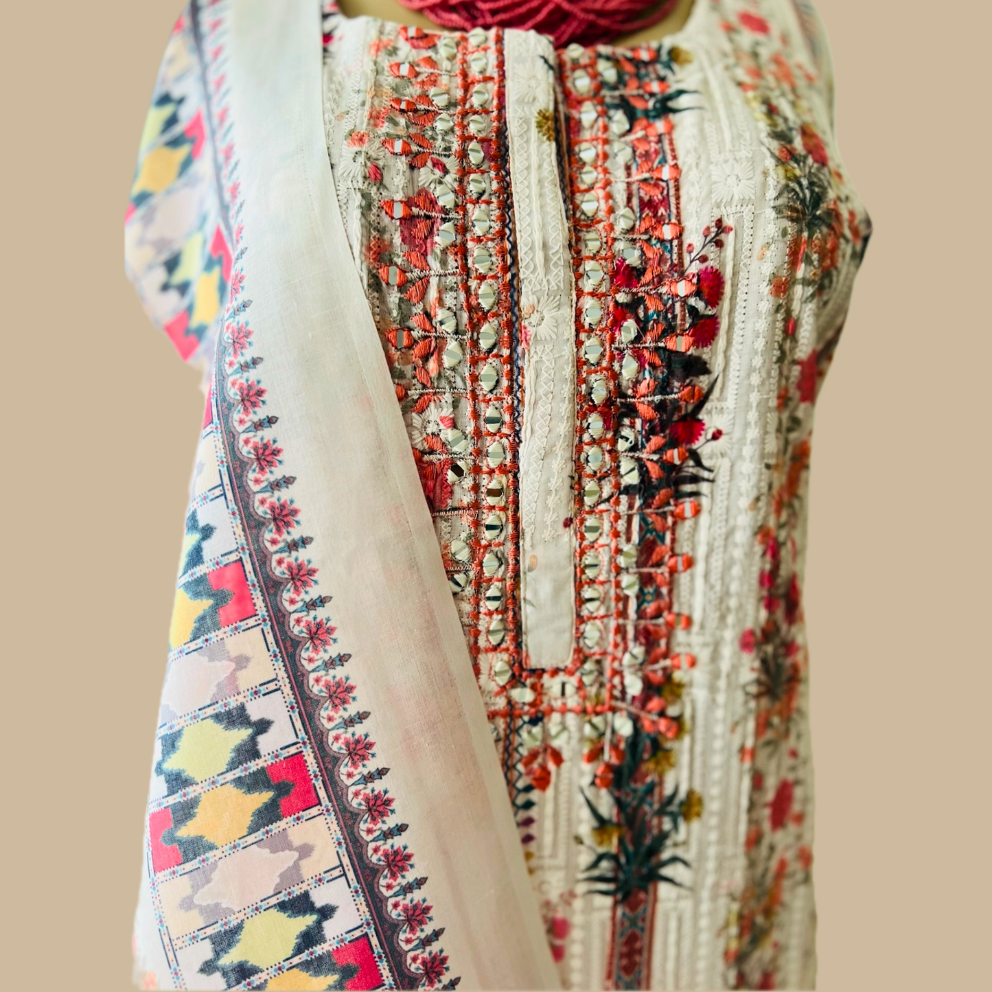 Off-White Cotton 3-Piece Kurta Set with Ikkat Style Dupatta