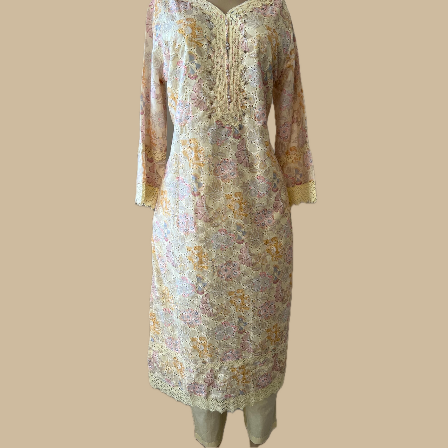 Cotton 3-Piece Suit in Lemon Yellow with Intricate Lace Work