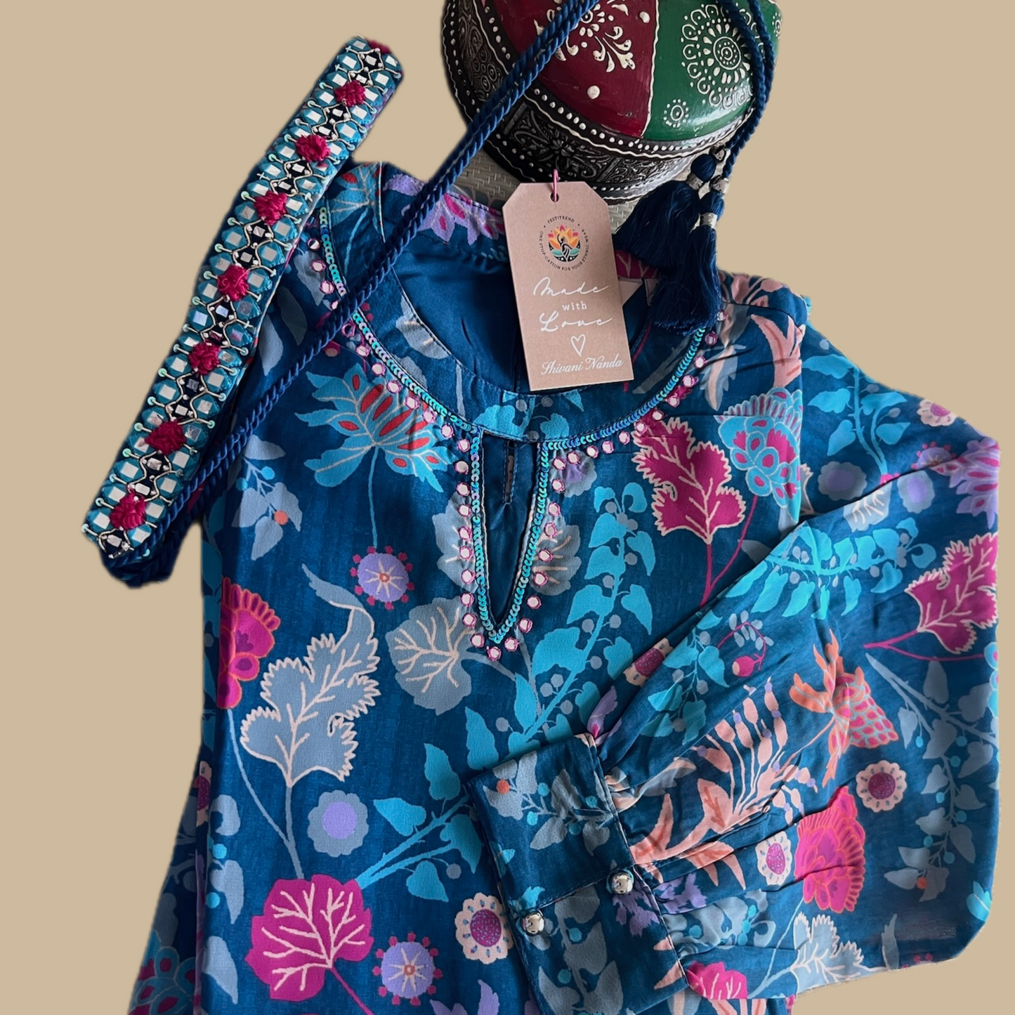 Georgette Boho Dress in Blue Floral Print