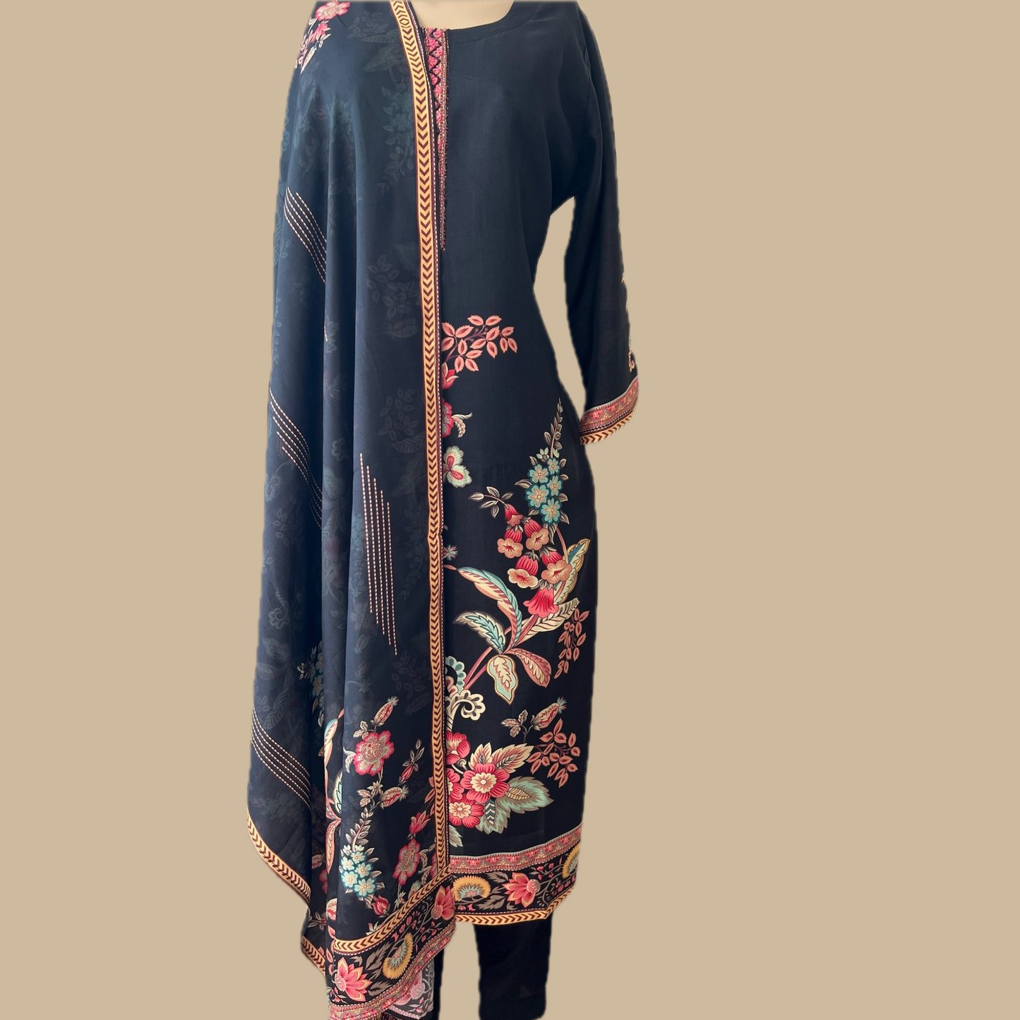 Elegant Cotton Silk Floral Print 3-Piece Suit in Black