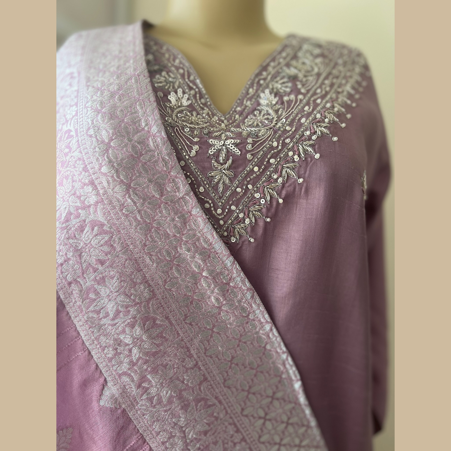 Chinon Silk 3-Piece Suit in Lilac with Silver Embellishments and Silver Weaved Dupatta - Festive Wear