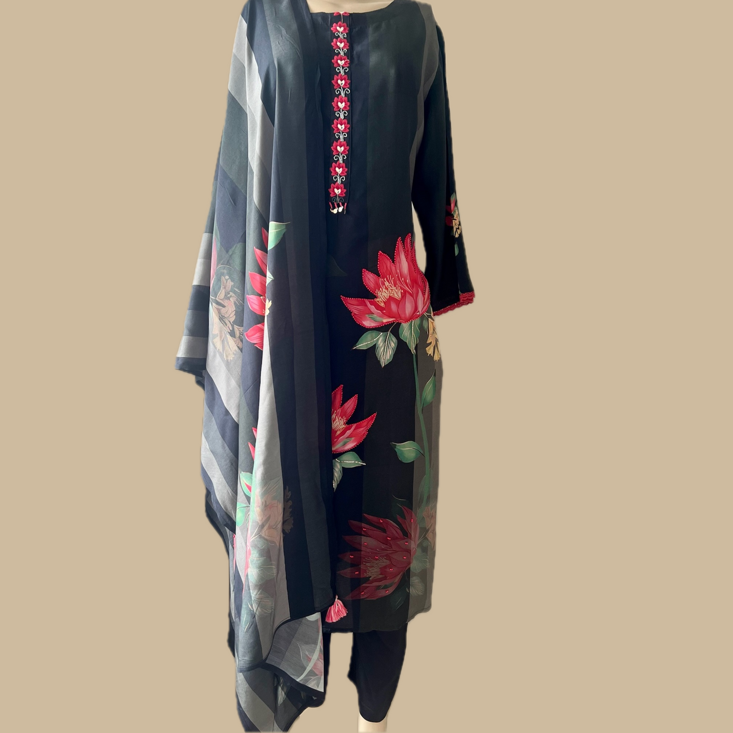 Rayon Silk Blend 3-Piece Suit in Black with Floral Motif and Bead Detailing