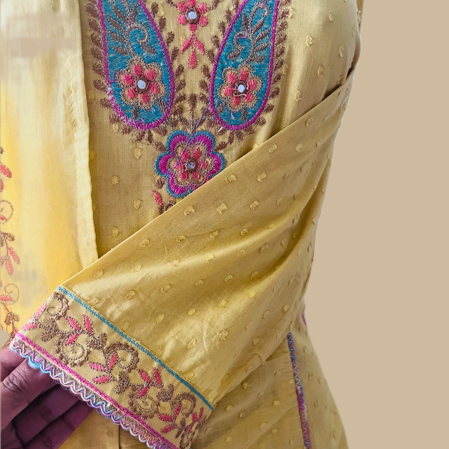 Yellow Anarkali 3-Piece Suit with Ethnic Thread Embroidery and Mul Dupatta