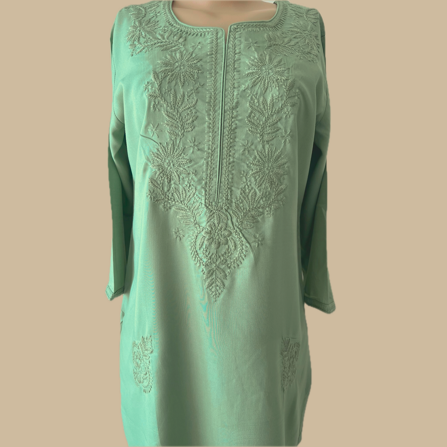 Green Chikankari Rayon Tunic with Embroidered Neck Yoke and Lower Panel Motif