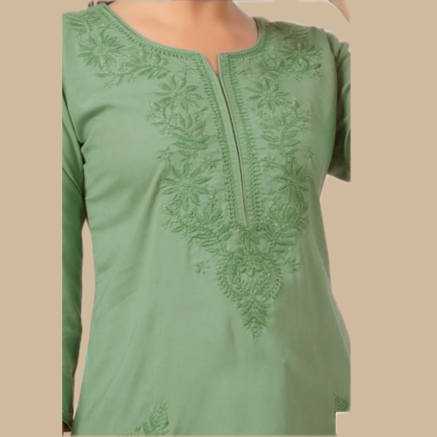 Green Chikankari Rayon Tunic with Embroidered Neck Yoke and Lower Panel Motif
