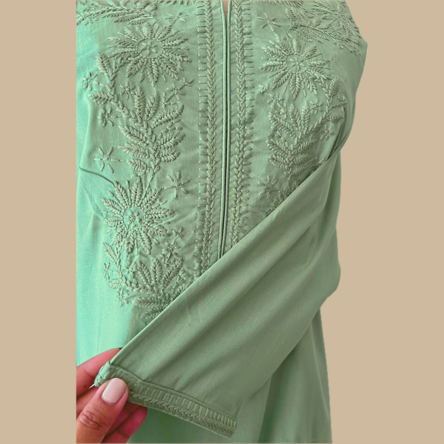 Green Chikankari Rayon Tunic with Embroidered Neck Yoke and Lower Panel Motif