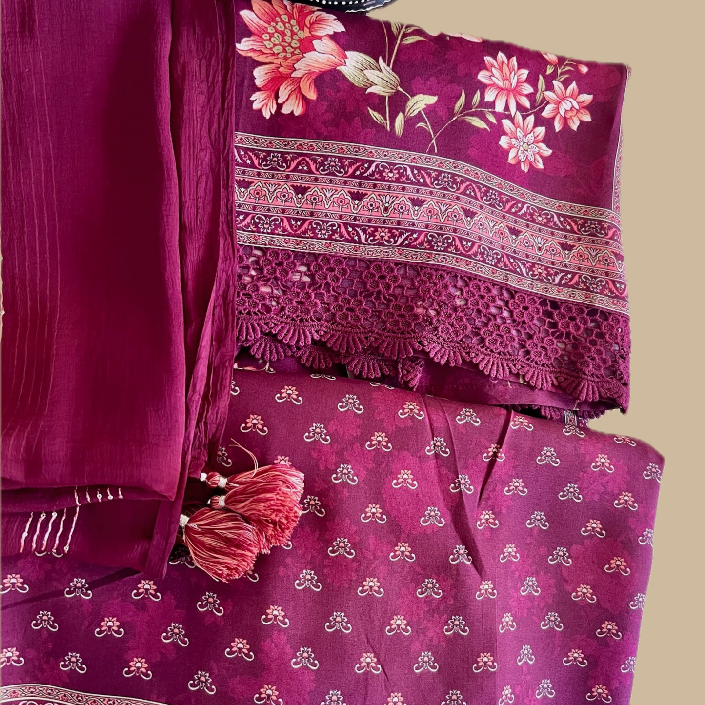 Silk Blend Digitally Printed Maroon 3-Piece Maroon Sharara Set with Crochet Lace on Shirt and Ethnic Printed Motifs on Sharara