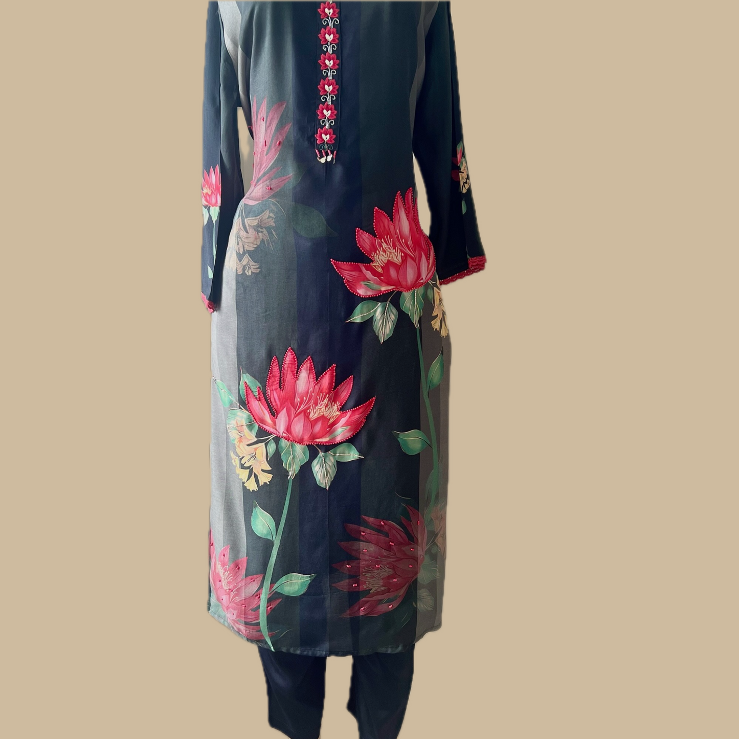 Rayon Silk Blend 3-Piece Suit in Black with Floral Motif and Bead Detailing