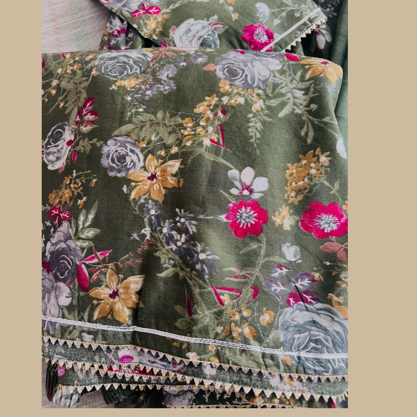 Green Floral Printed Sharara Set with Zari Work Embroidered Neck Yoke, Gota Lace Pants, and Sequins Dupatta