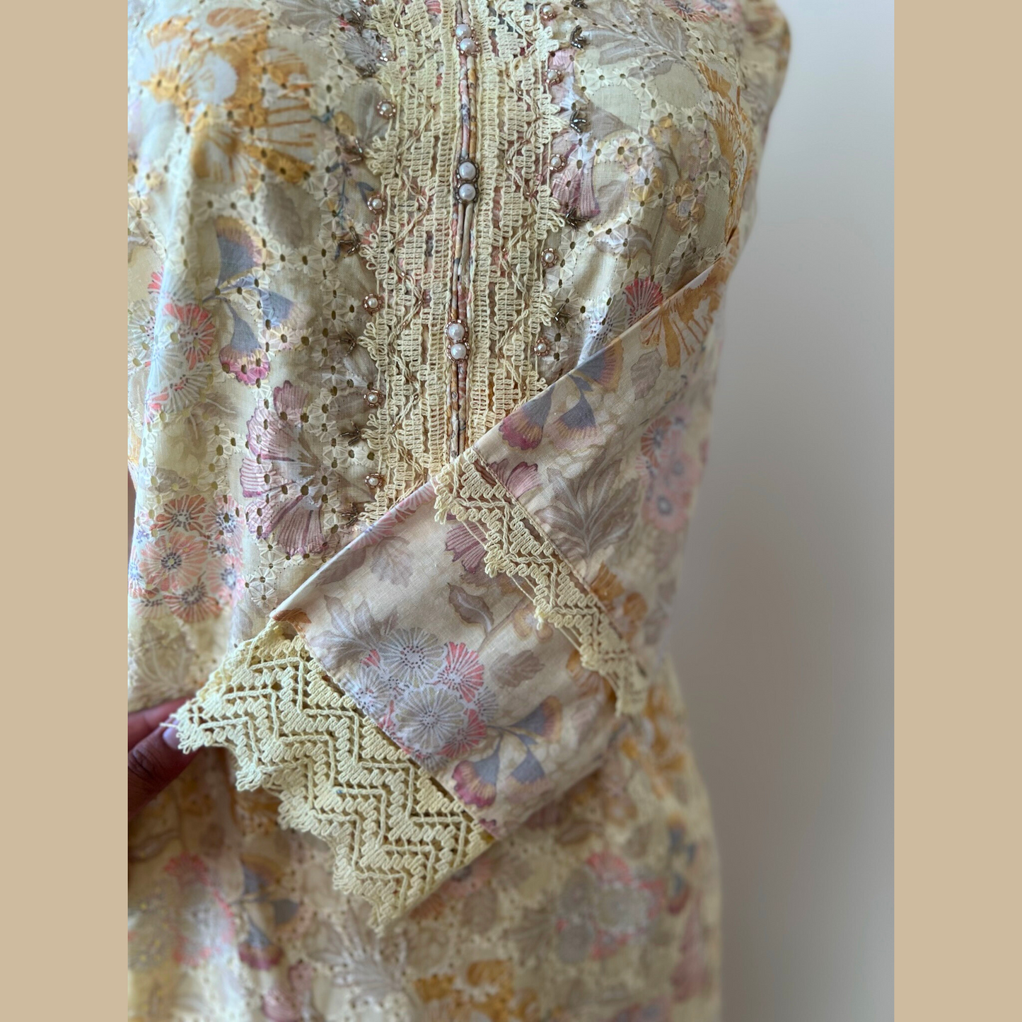 Cotton 3-Piece Suit in Lemon Yellow with Intricate Lace Work
