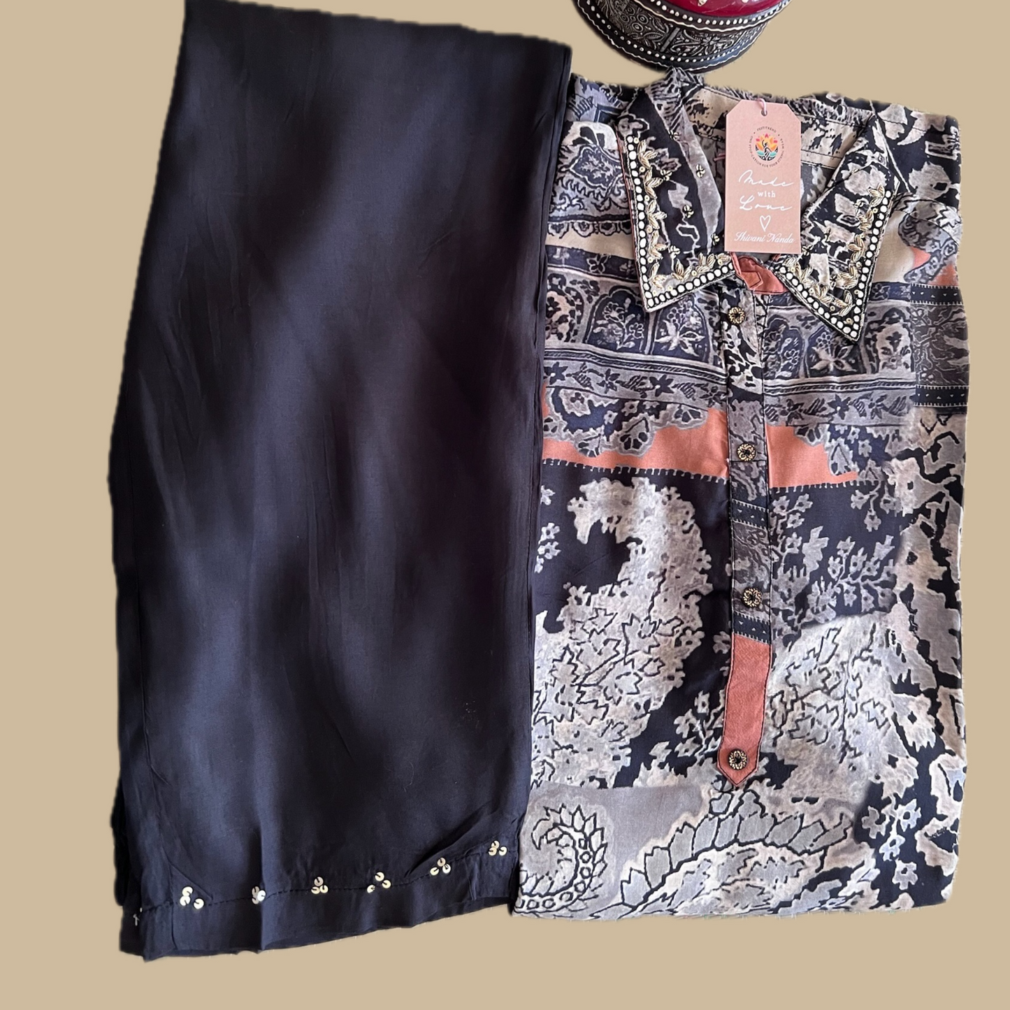 Digital Printed Black Collared Coord Set in Rayon Maslin