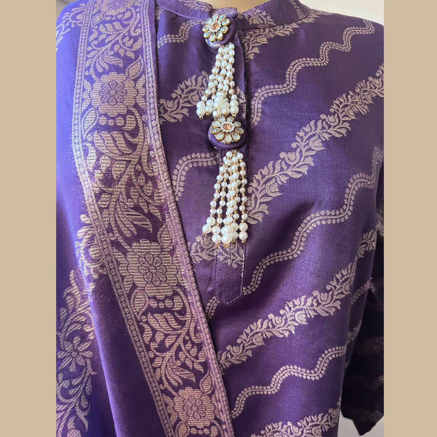 Cotton Silk Blend 3-Piece Suit in Purple with Gold Tone Weave
