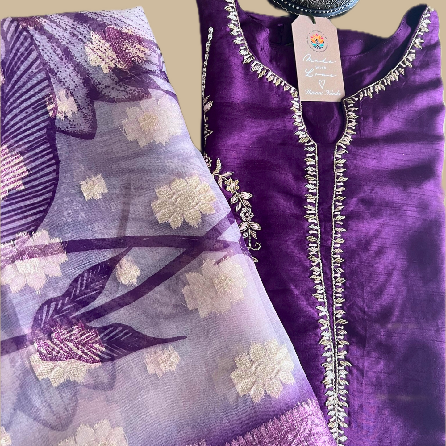 Silk Blend 3-Piece Suit in Purple with Gold Tone Embroidery and Floral Tissue Dupatta