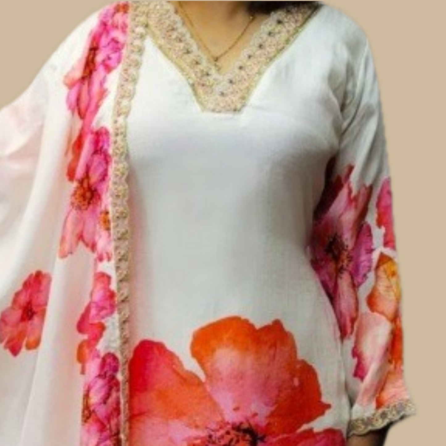 Russian Silk 3-Piece Party Wear in Cream with Intricate Lace Work