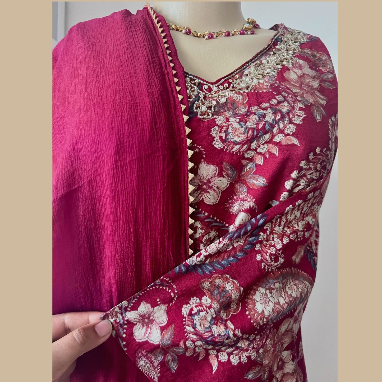 Cotton Crepe Blend 3-Piece Suit in Maroon with Gotta Kinnari Dupatta