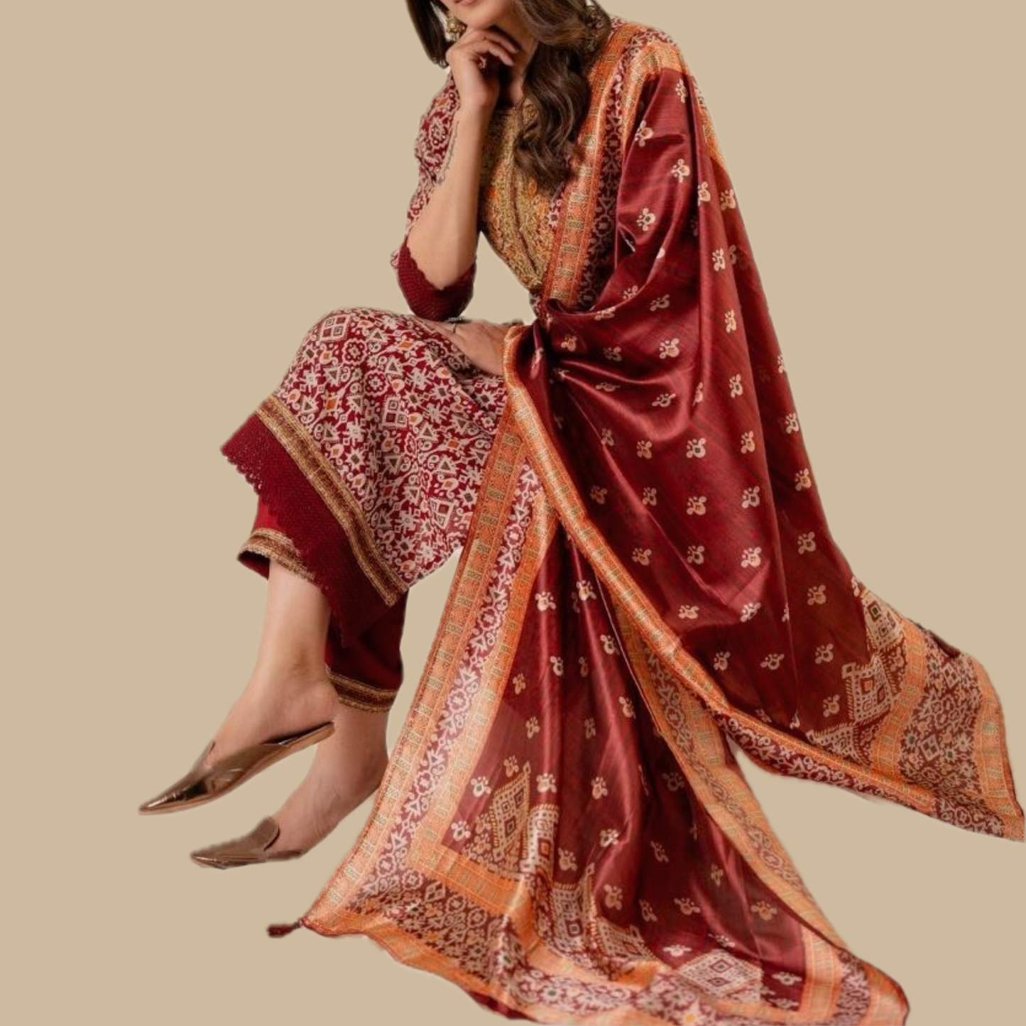 Patola Silk Suit with Zari Work- Maroon