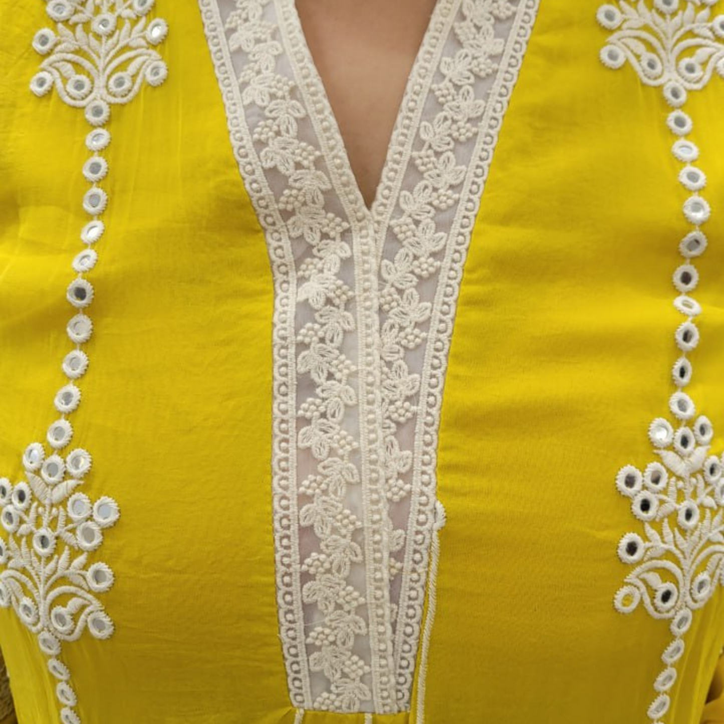 Pure Organza 3-Piece Suit in Yellow with Embroidery and Lace Detailing