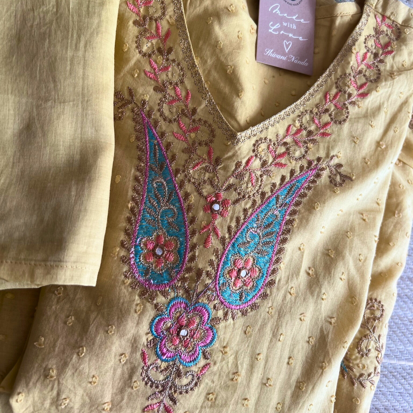 Yellow Anarkali 3-Piece Suit with Ethnic Thread Embroidery and Mul Dupatta