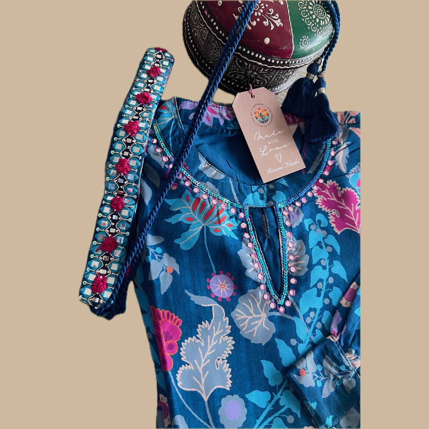 Georgette Boho Dress in Blue Floral Print