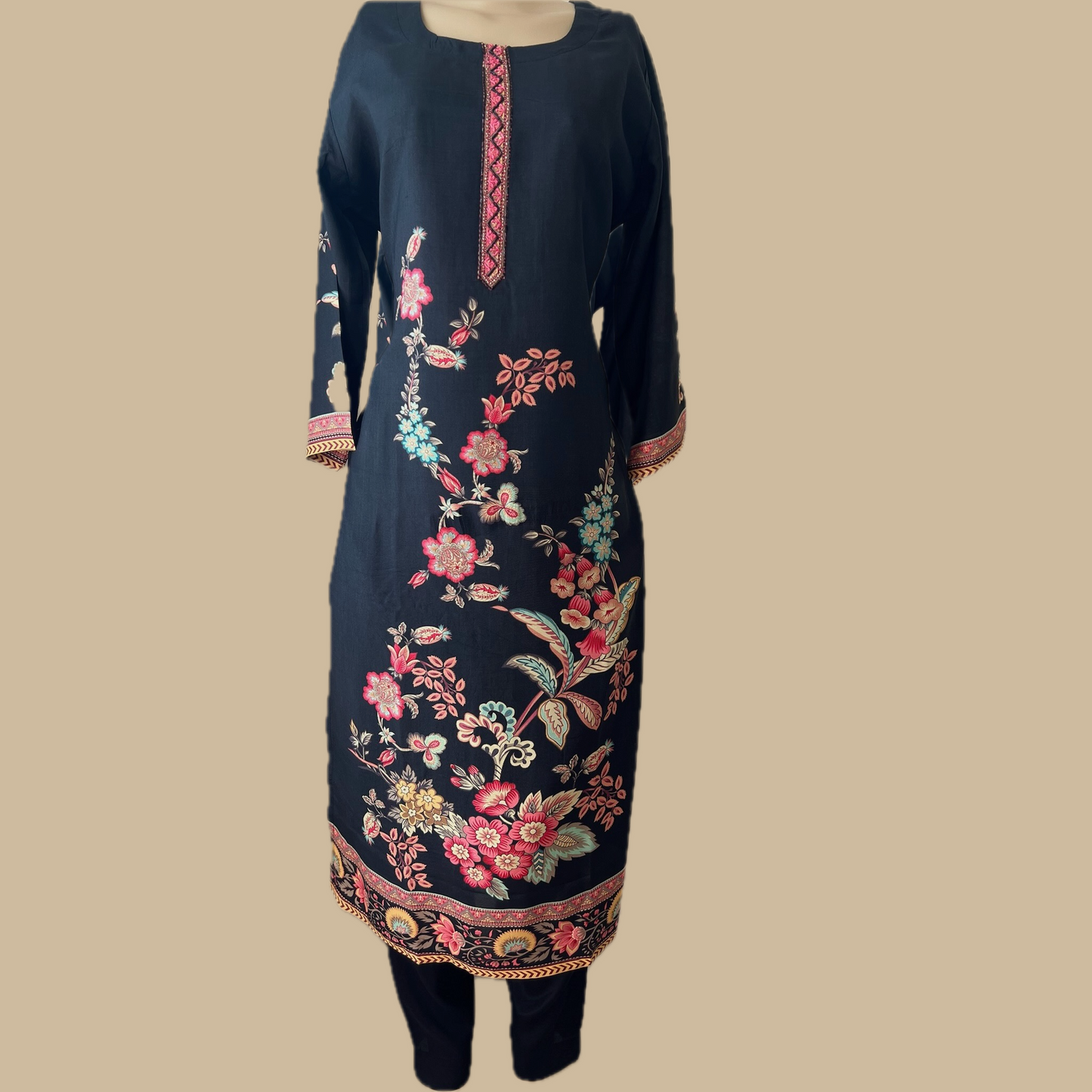 Elegant Cotton Silk Floral Print 3-Piece Suit in Black
