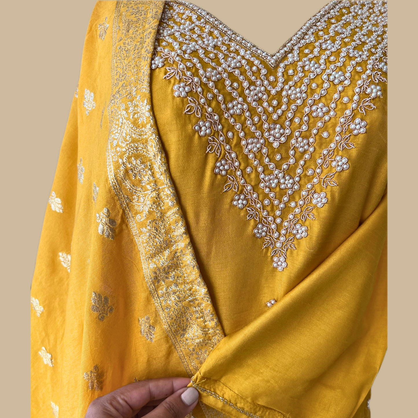 Chinon Silk Dabka Work 3 Piece Suit in Yellow