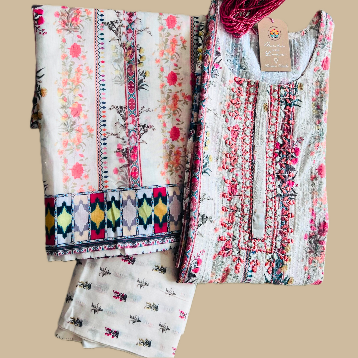 Off-White Cotton 3-Piece Kurta Set with Ikkat Style Dupatta