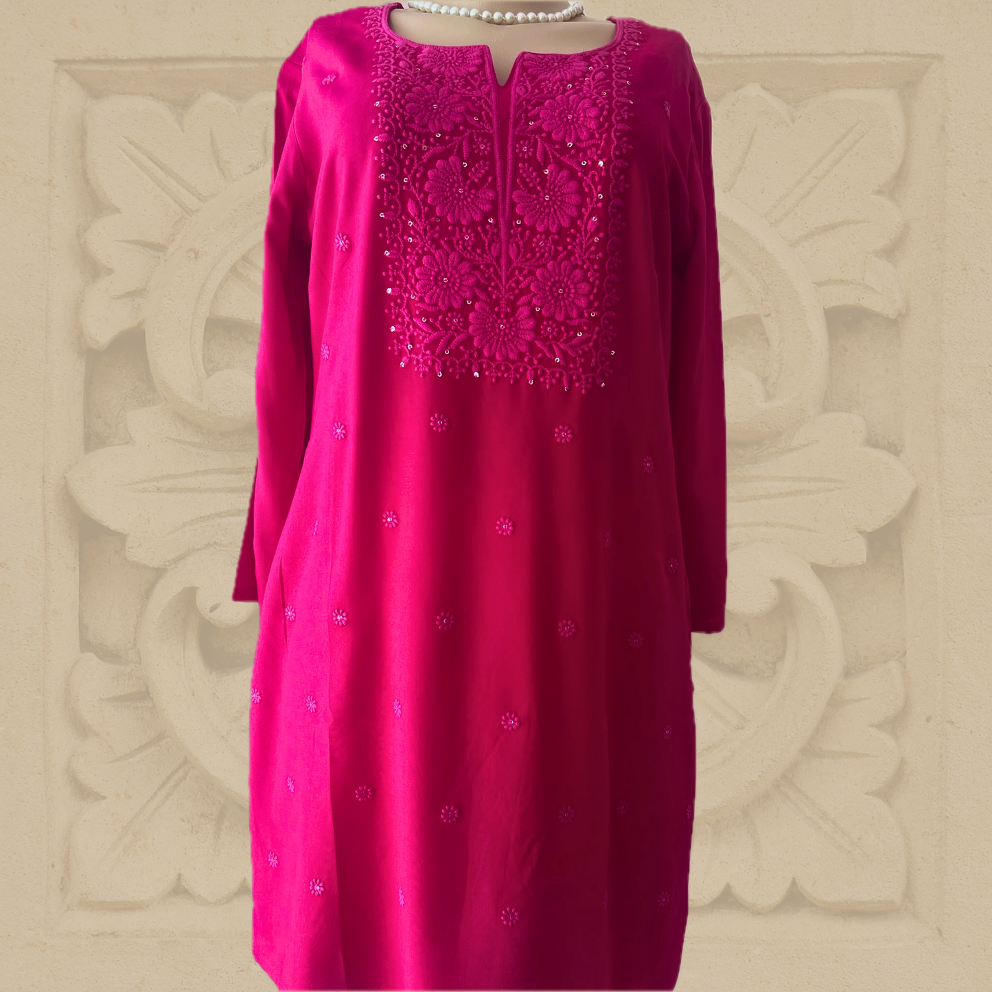 Premium Rayon Hand Embroidered Chikankari Tunic with Minimal Sequin Work in Pink
