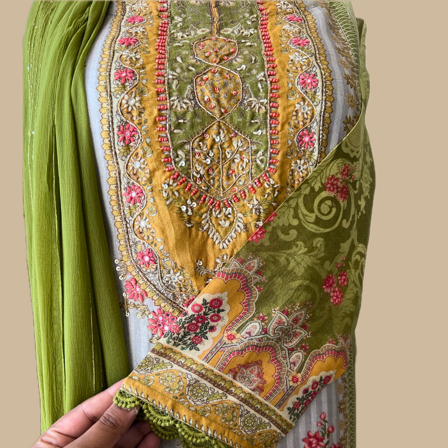 Chinon Silk 3-Piece Indian Suit with Sequins Dupatta