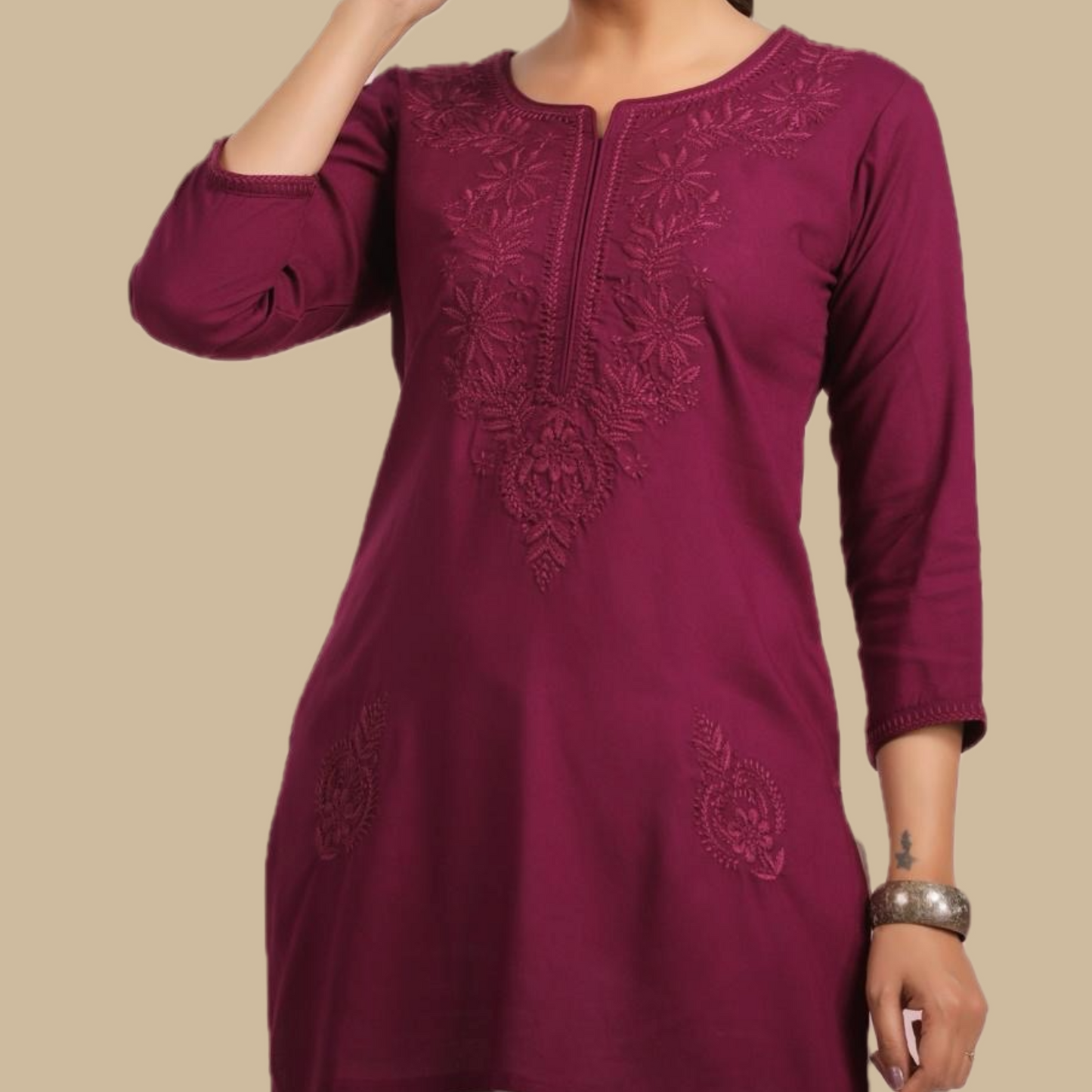 Wine Chikankari Rayon Tunic with Embroidered Neck Yoke and Lower Panel Motif