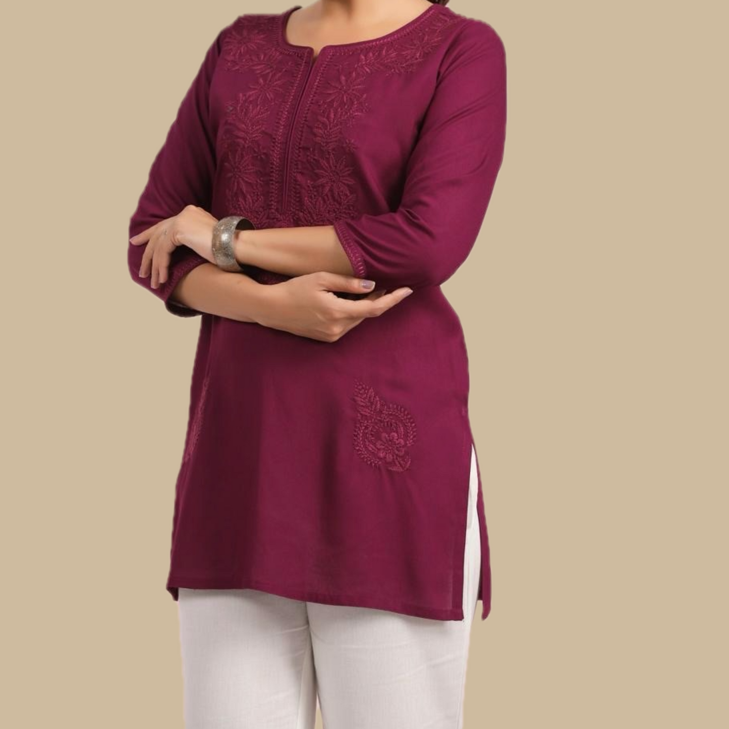 Wine Chikankari Rayon Tunic with Embroidered Neck Yoke and Lower Panel Motif