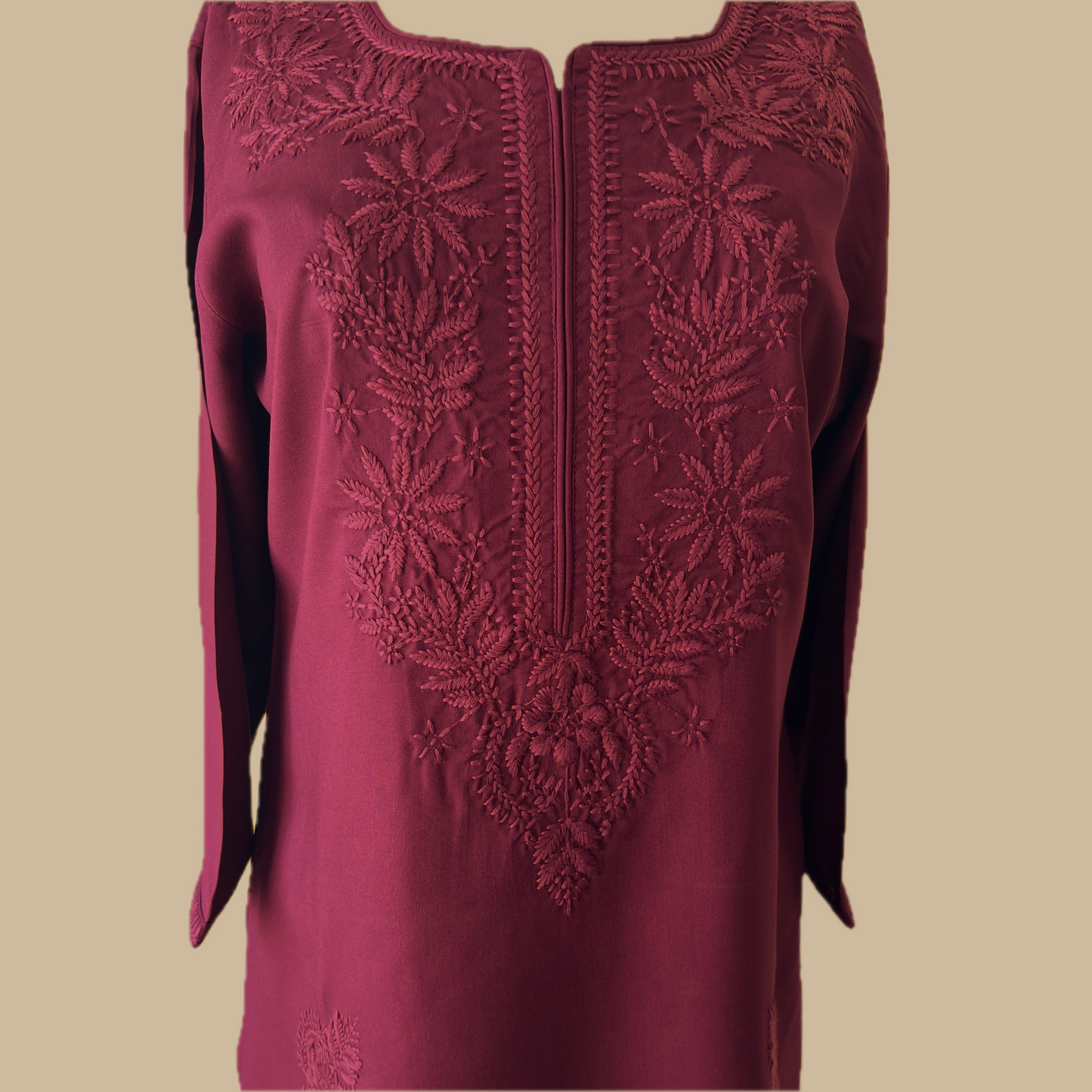Wine Chikankari Rayon Tunic with Embroidered Neck Yoke and Lower Panel Motif