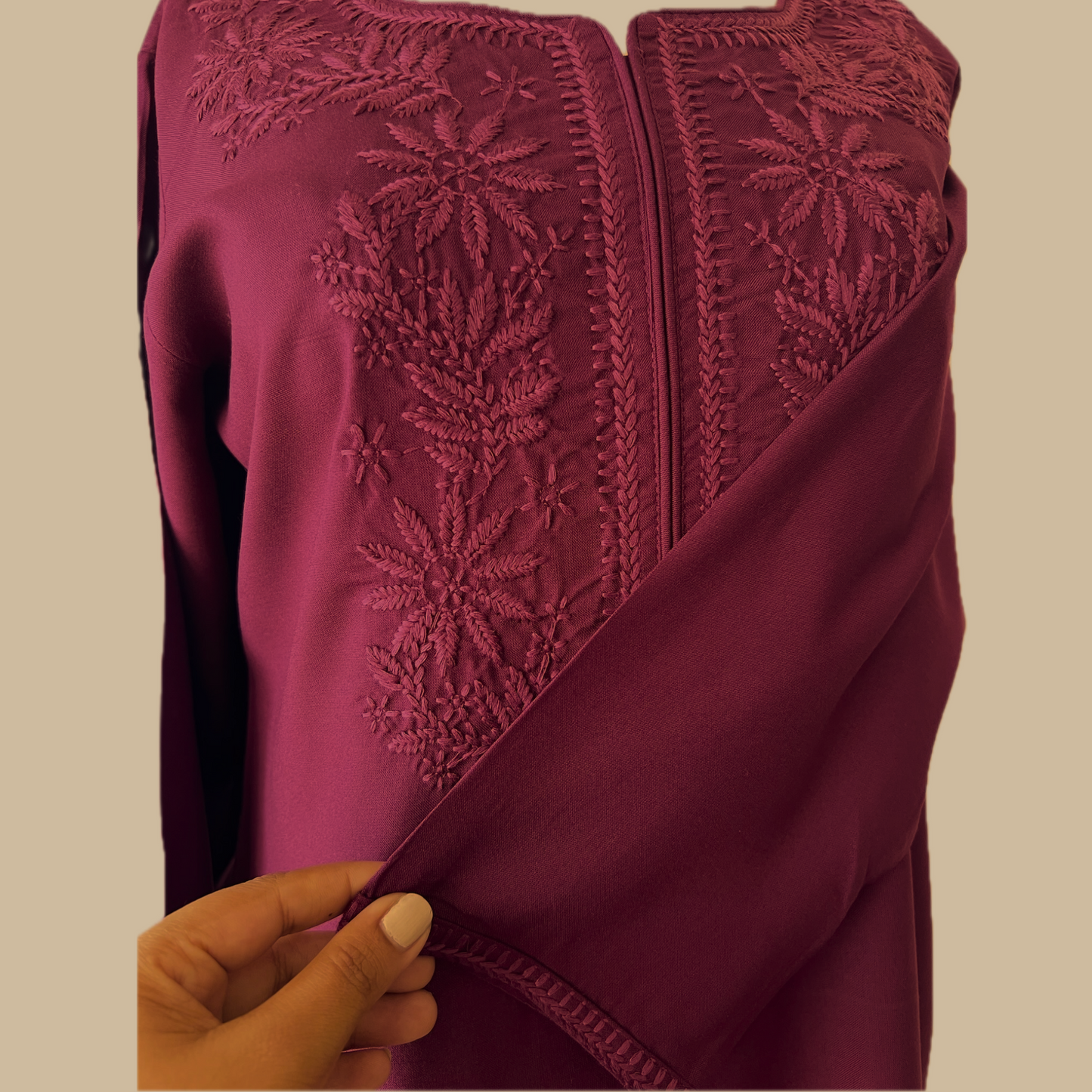Wine Chikankari Rayon Tunic with Embroidered Neck Yoke and Lower Panel Motif