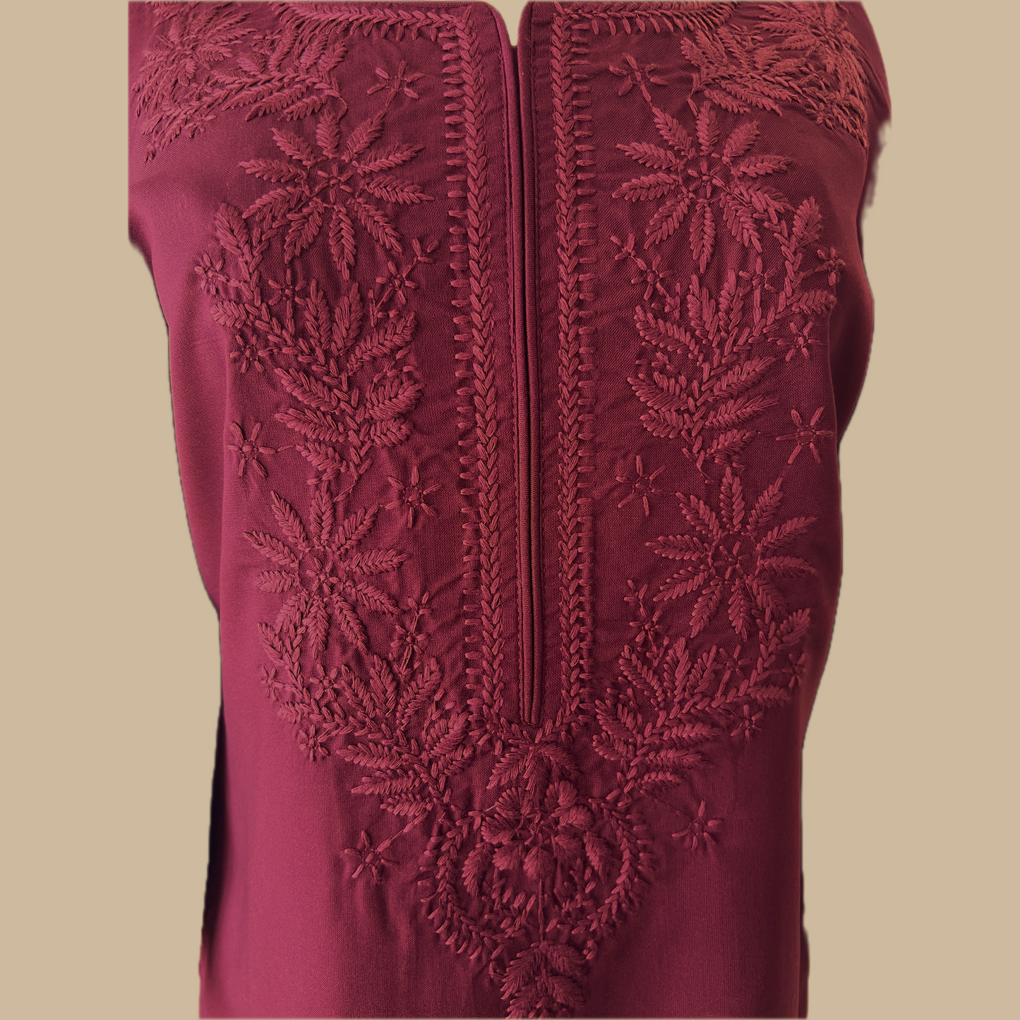 Wine Chikankari Rayon Tunic with Embroidered Neck Yoke and Lower Panel Motif