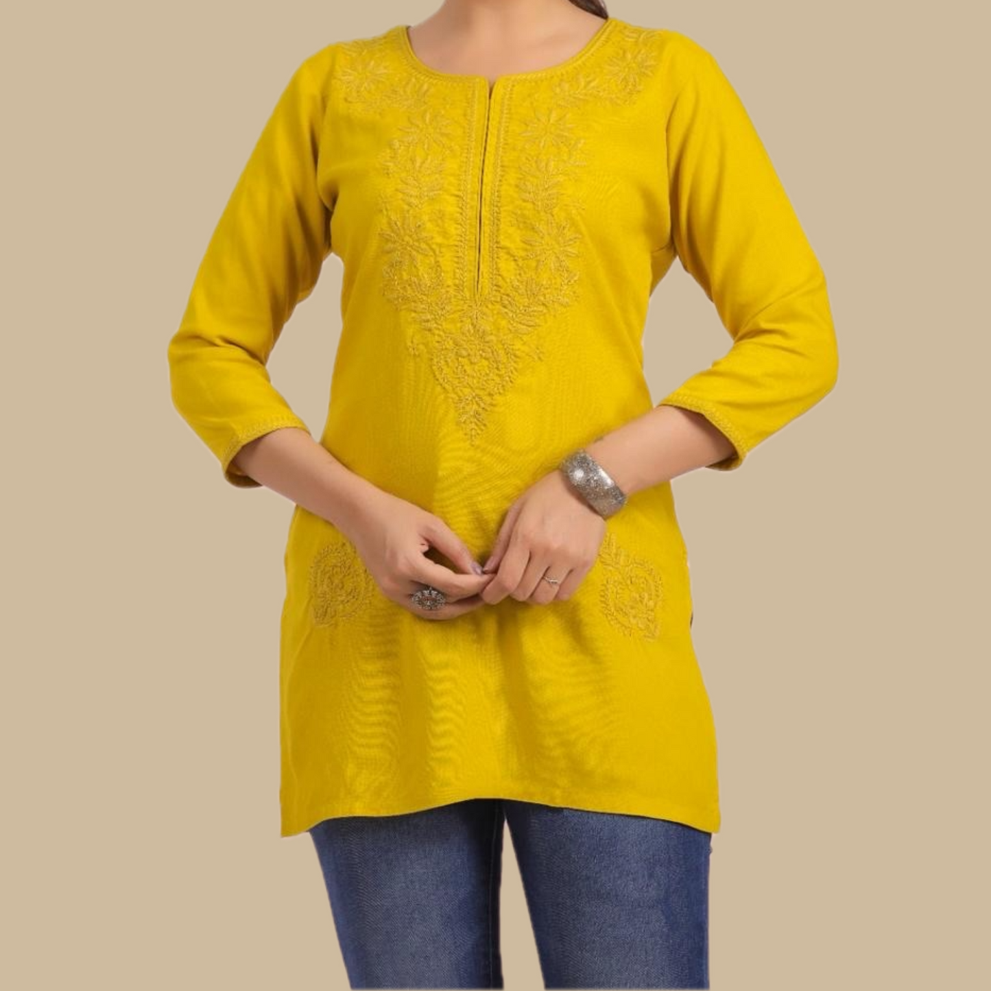 Yellow Chikankari Rayon Tunic with Embroidered Neck Yoke and Lower Panel Motif