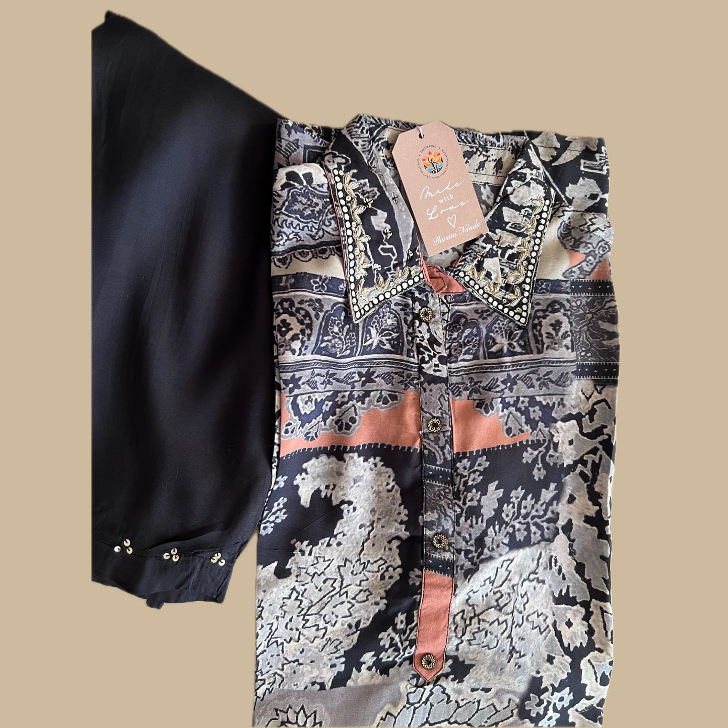 Digital Printed Black Collared Coord Set in Rayon Maslin