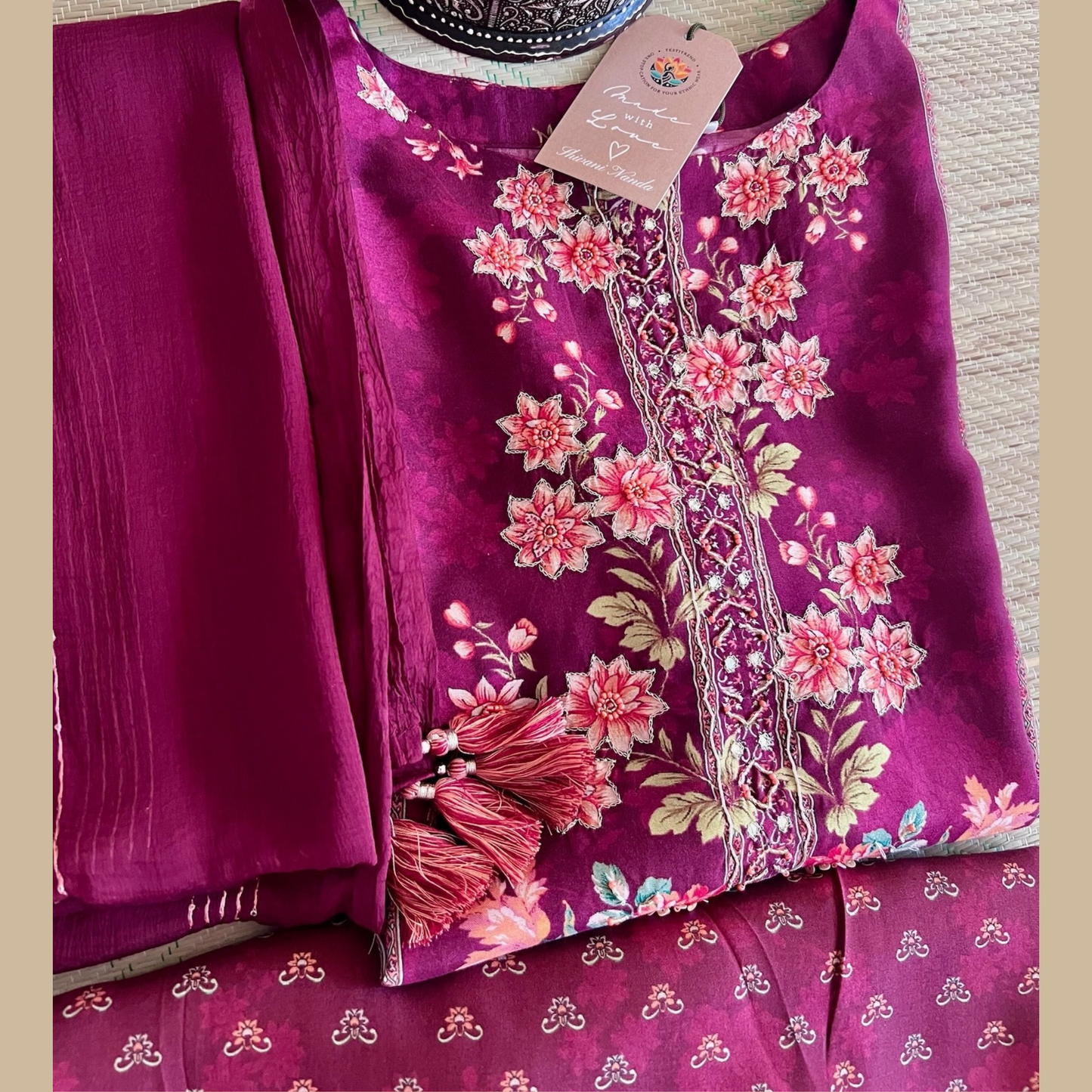 Silk Blend Digitally Printed Maroon 3-Piece Maroon Sharara Set with Crochet Lace on Shirt and Ethnic Printed Motifs on Sharara