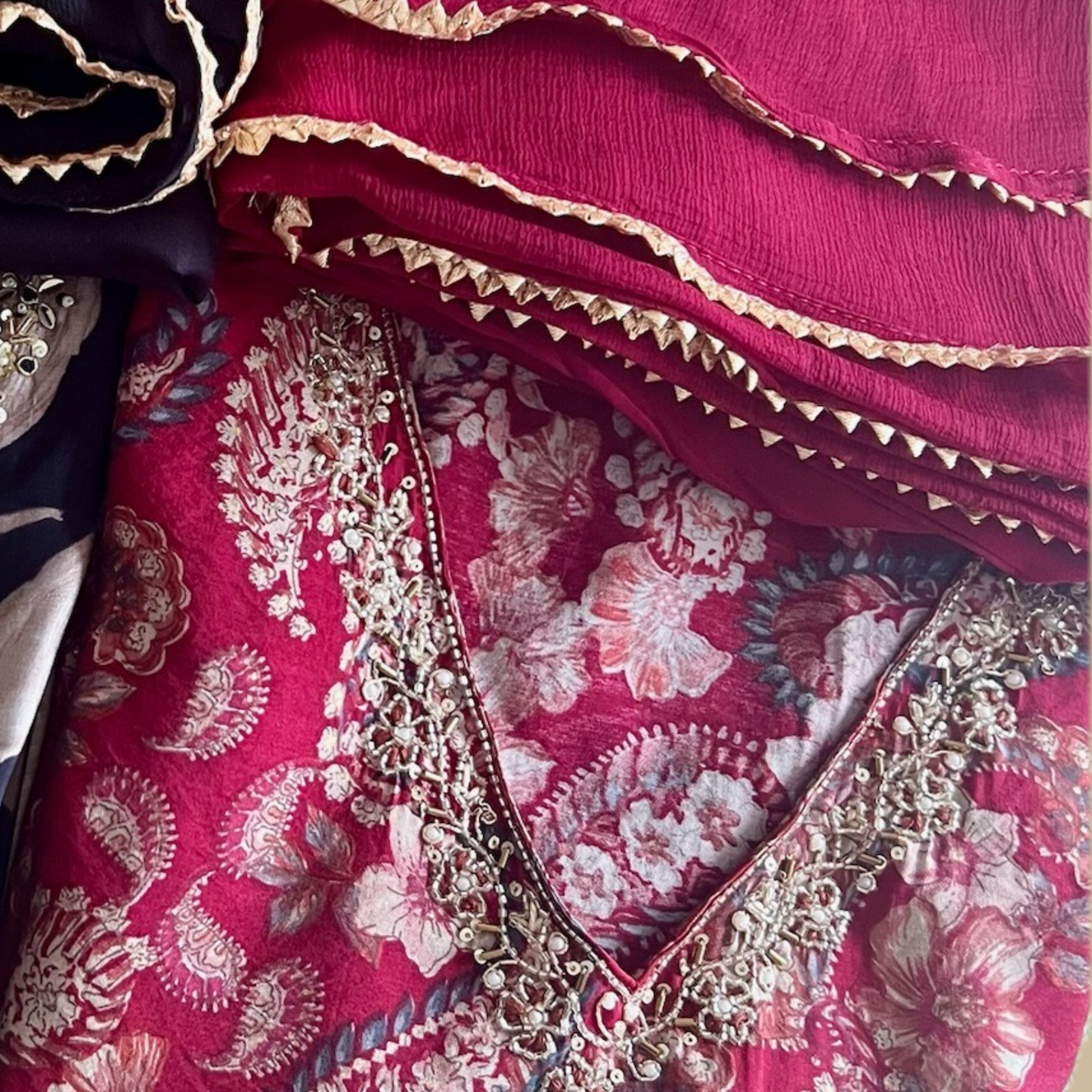 Cotton Crepe Blend 3-Piece Suit in Maroon with Gotta Kinnari Dupatta