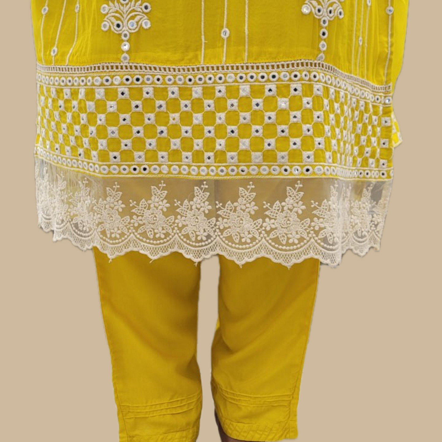 Pure Organza 3-Piece Suit in Yellow with Embroidery and Lace Detailing